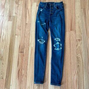 American Eagle Jeans Womens 0 Blue High Rise Skinny Distressed Button Fly